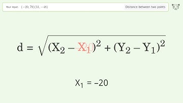 Find the distance between two points p1 (-20,79) and p2 (31,-48): Step-by-Step Video Solution