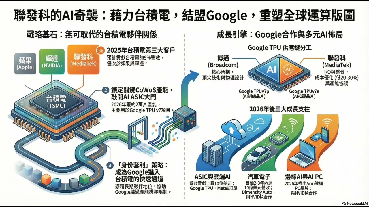 聯發科 (2454) 深度解析 2/2 | AI 晶片權力遊戲的幕後贏家 | 揭秘 Google 訂單背後的 CoWoS 戰略佈局 |  聯發科 多元化成長引擎 