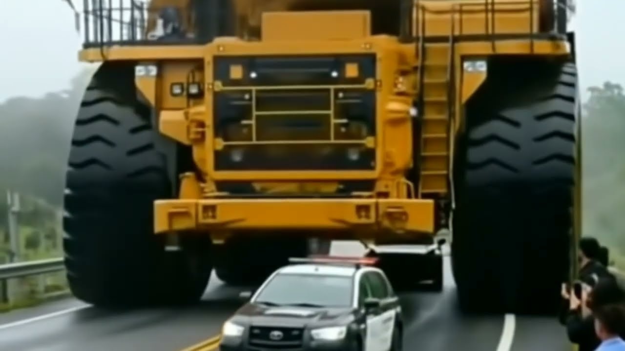 Police car crashes into giant mining truck tire 😱