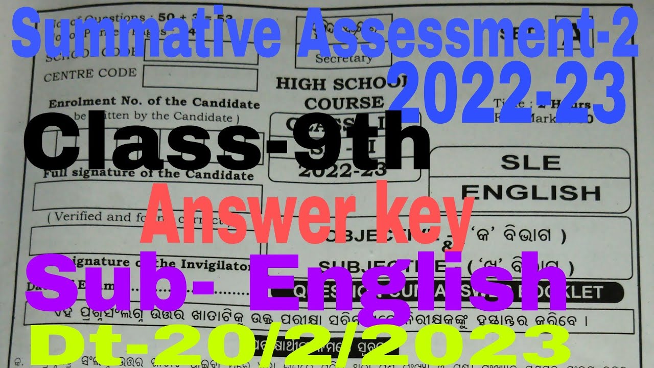 Summative Assessment 2 Class 9th/IX Subject English SetA Answer key