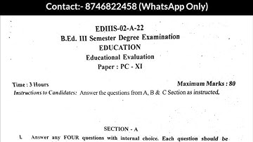 B.Ed 3rd Sem Education Evaluation Question Paper 2022 Gulbarga University cbcs