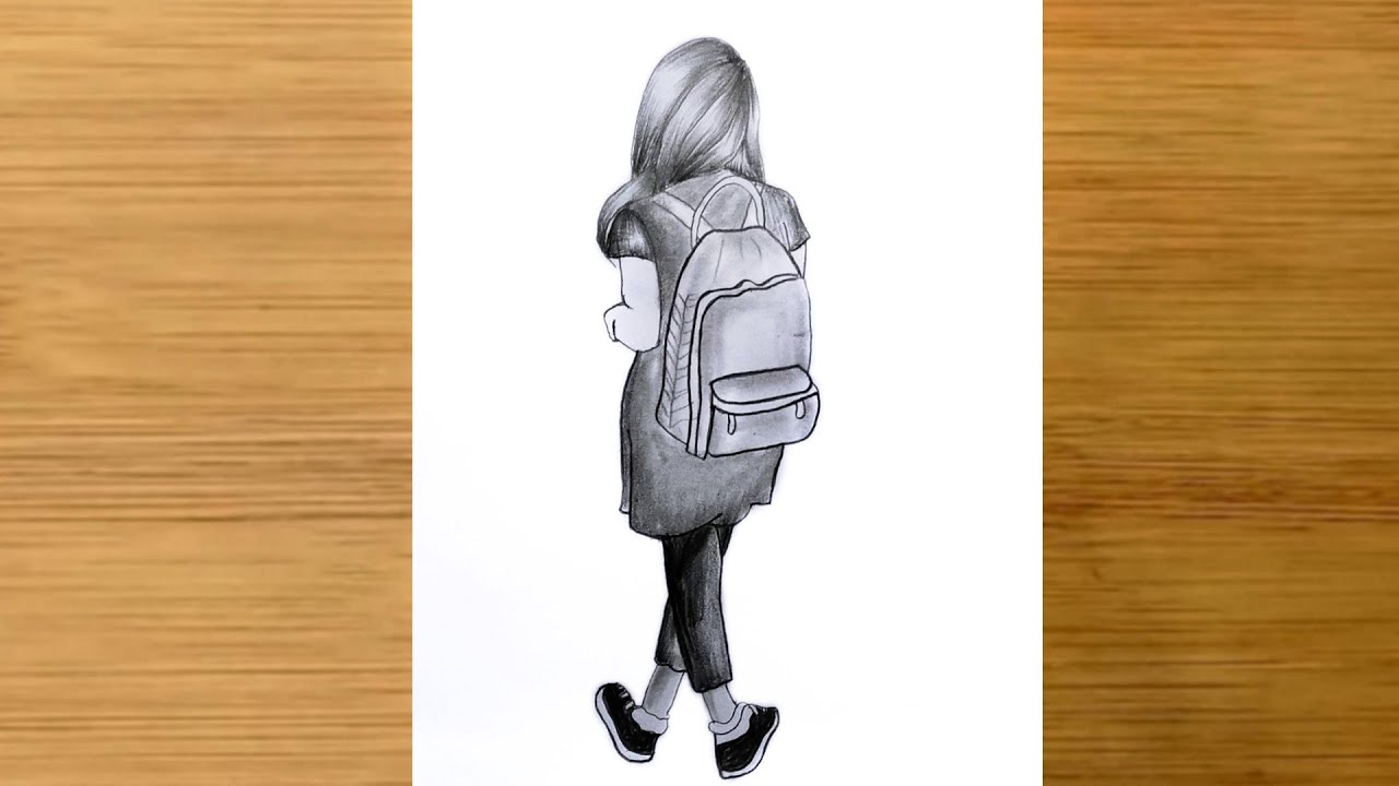 how to draw a girl with going to school on shoulder bag || Pencil ...