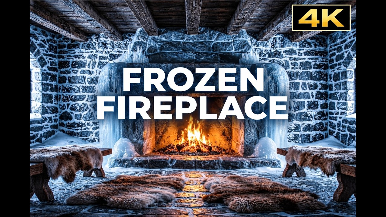 Frozen Fireplace 4K 🔥 Ice Cabin Fire Ambience | Cozy Winter Stone Fireplace