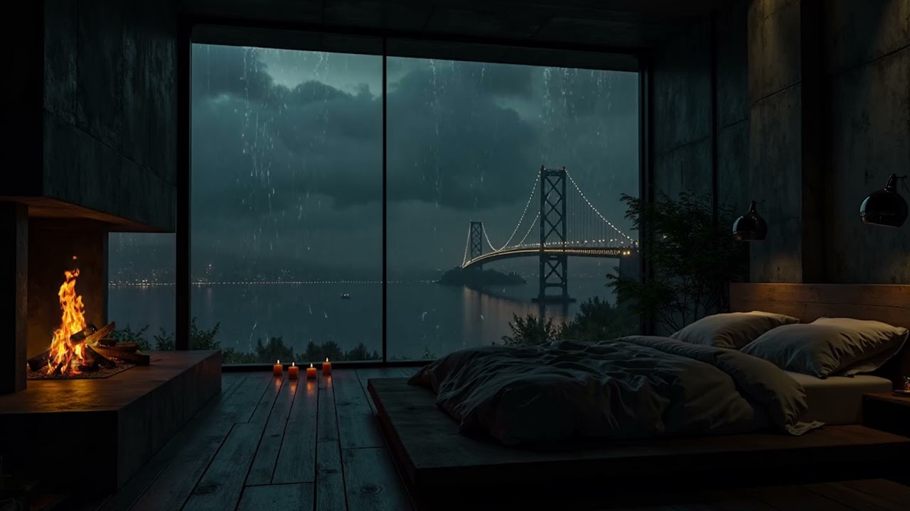 No ADS⛈️Peaceful Rain in the City 🌃 Gentle Rain Sound & Fireplace Crackling for Sleeping