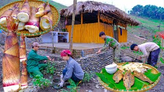 Sang Vy harvests bamboo shoots and pond fish, cooking and builds flower gardens for the farm