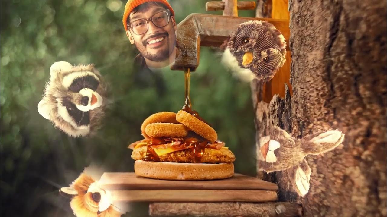 BK 1958 15 MAPLE 16x9 YOUTUBE - Advert for the maple bacon fried chicken burger at Burger King, New Zealand. The advert has a man in the woods talking to puppet animals.