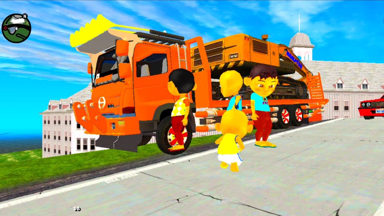 Upin dan Ipin berulah Derek Mobil Polisi Truk Orange Excavator milik Ehsan 🤣😂 Truk Upinio