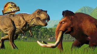 TITAN T-REX VS WOOLLY MAMMOTH ELEPHANT (DINOSAUR BATTLE) VS SABERTOOTH | JURASSIC WORLD EVOLUTION 2