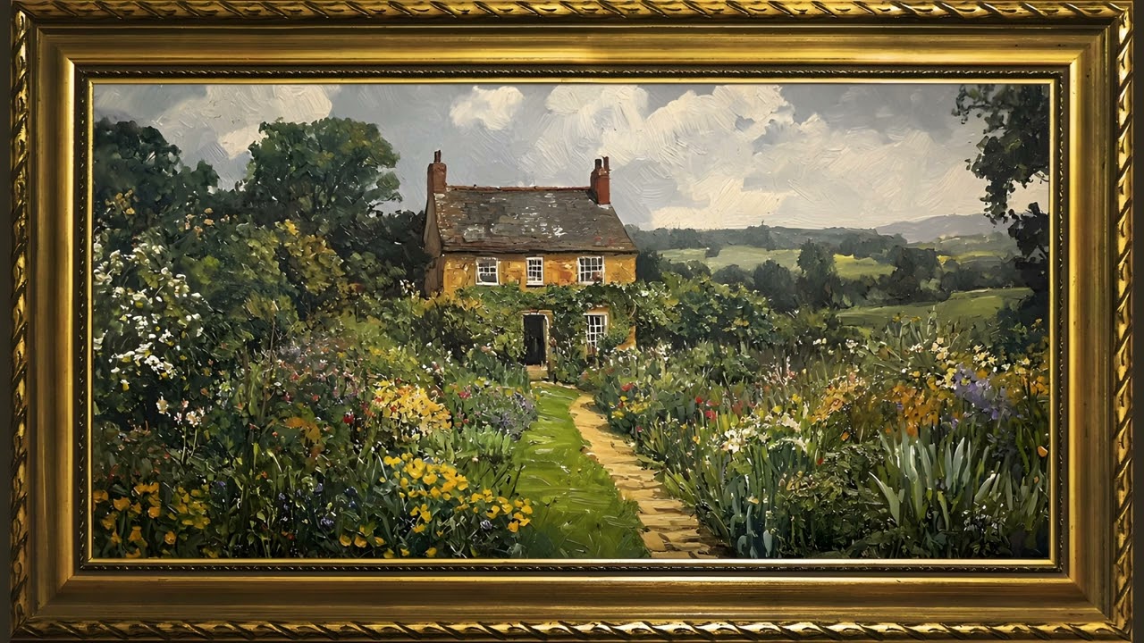 Idyllic Cottage Garden Landscape, Vintage Oil Painting 4K UHD | Gold Framed Art TV Screensaver