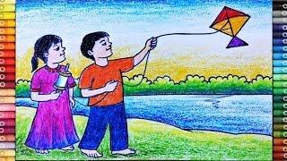 How to Draw Scenery of Kite Flying | Makar Sankranti Easy Drawing