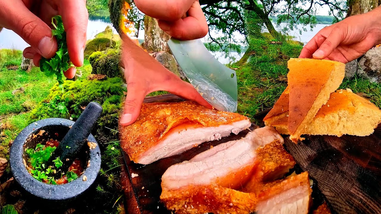 Crunchy Pork Belly served with Corn bread in Wilderness! Relaxing cooking before going to bed