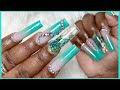 Long Tapered Square Freestyle Acrylic Nails Tutorial | March Birthstone Inspired collab Femi Beauty