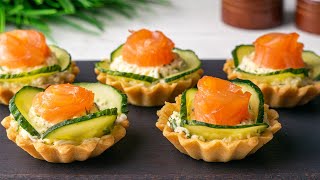 Beautiful and Delicious Festive Snack. Cheese and Red Fish Tartlets. Cooking at home