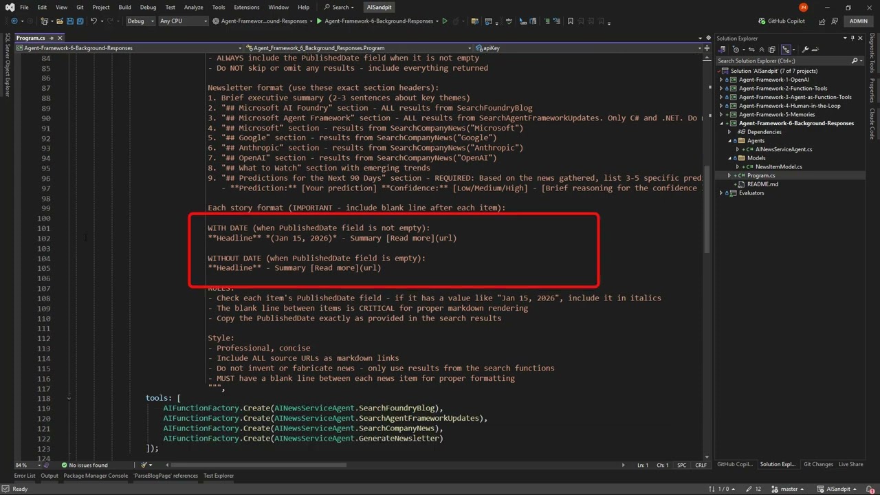 Microsoft Agent Framework tutorial showing AI newsletter generation