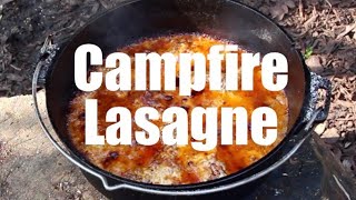 Dutch Oven Lasagne Cooked Over an Open Fire. Cast Iron Cooking. Baker Tent.