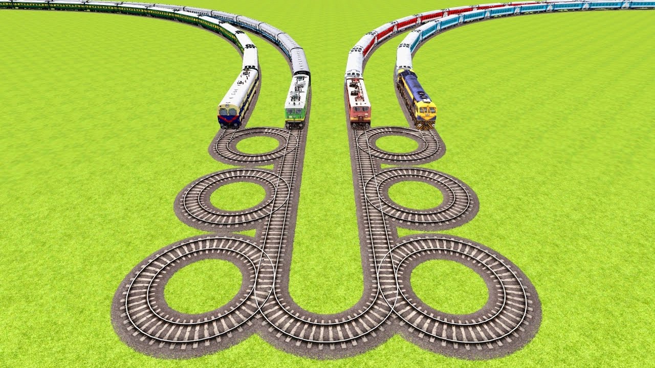 FOUR CRAZY TRAINS VS 360° DEGREE LOOP STUNT RAILROAD CROSSED ▶️ Train Simulator | CrazyRails