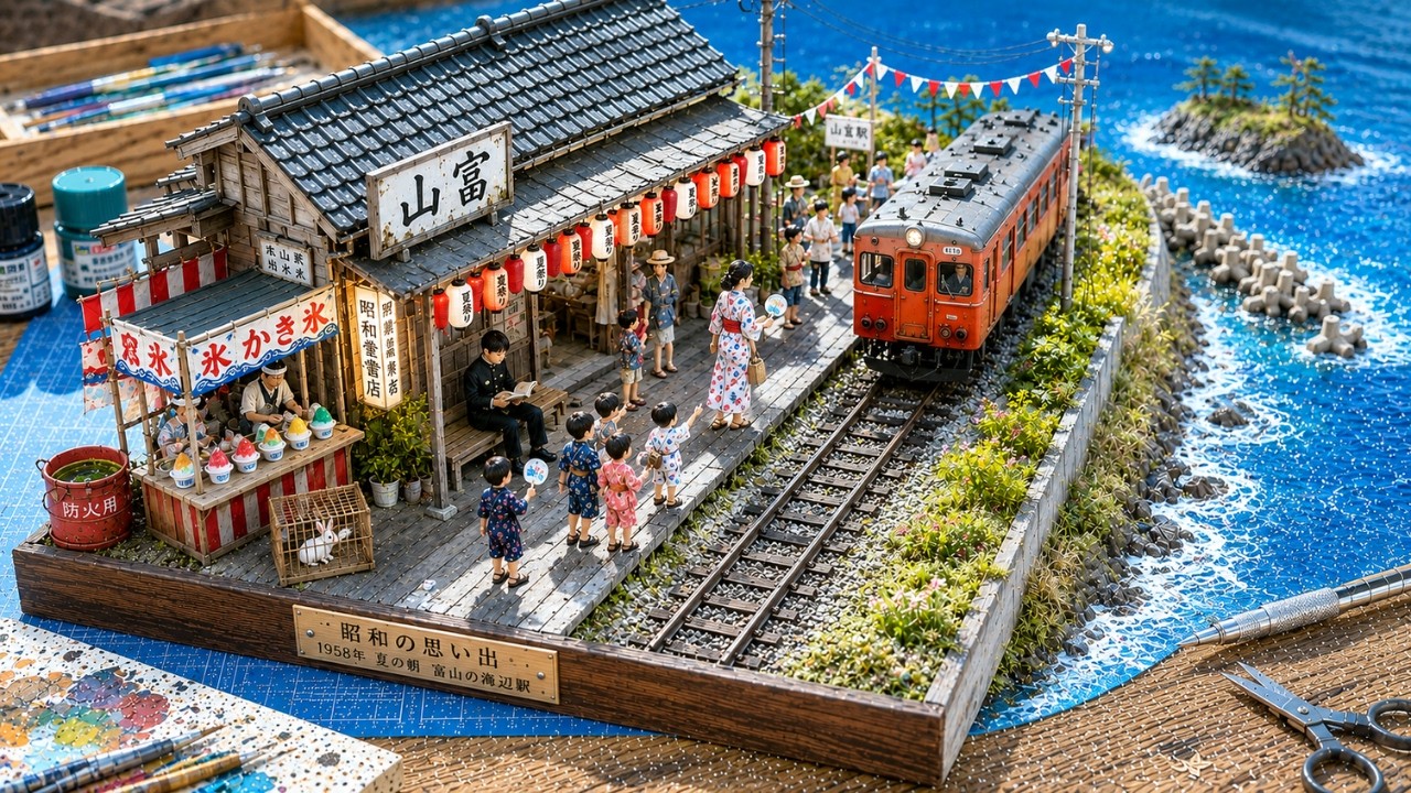 波音に太鼓が響く昭和レトロな夏の鎌倉祭り｜AIジオラマ映像【4K