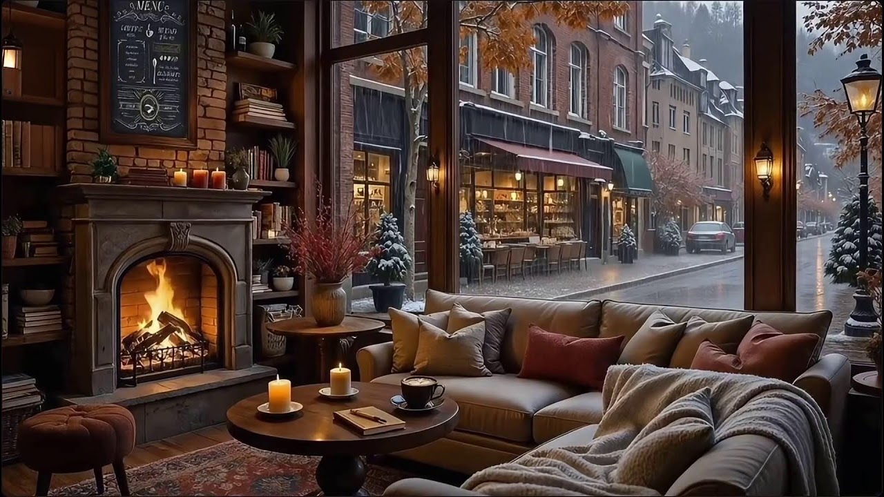 ⛄Quiet Winter Jazz at Cozy Coffee Shop Ambience ❄️ Crackling Fireplace for Study, Work, Relax