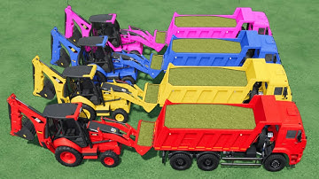 BIG LOADER vs BIG TRUCKS - CHAFF LOAD WORK with COLORS Cat Backhoe Loader - Farming Simulator 22