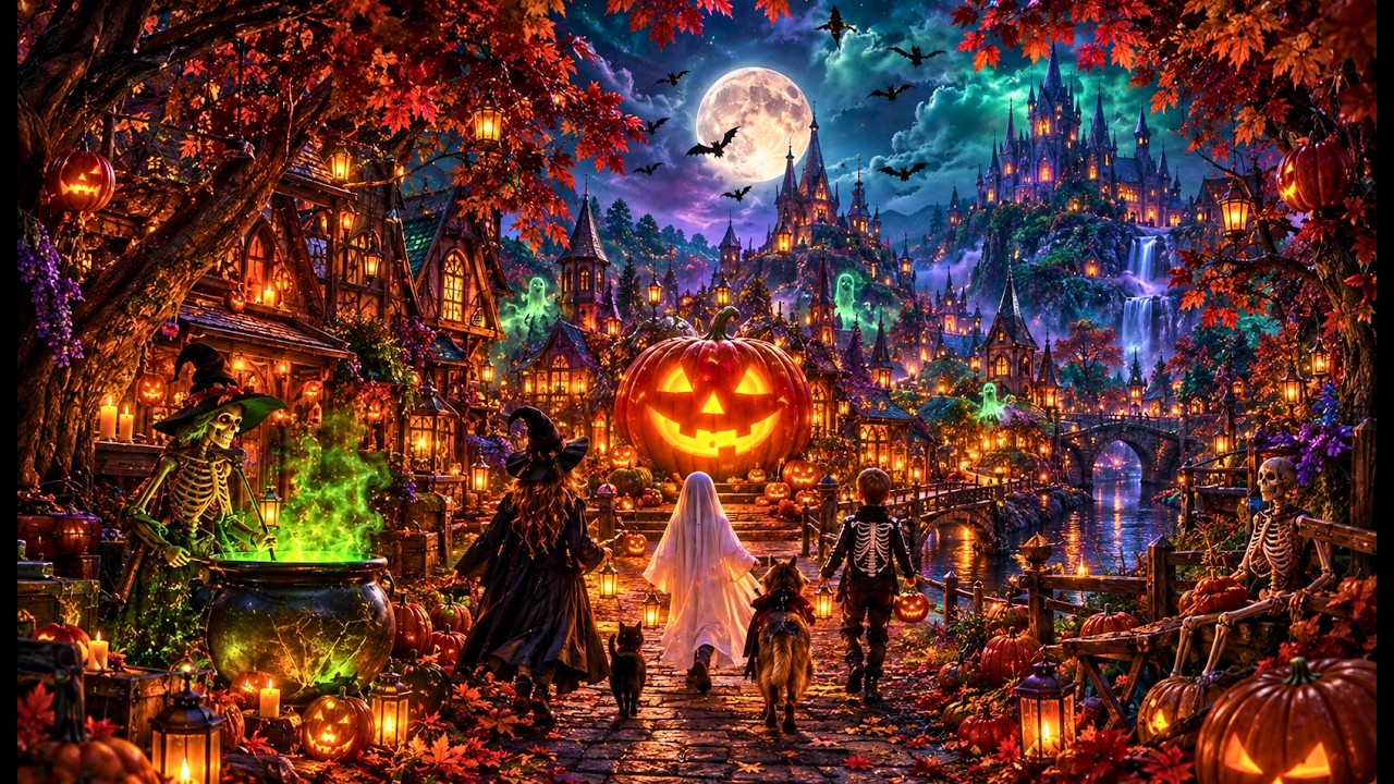 Relaxing Halloween Ambience 2026 🎃Cozy Night Haunted Magical Village 👻Spooky Sounds, Halloween Music