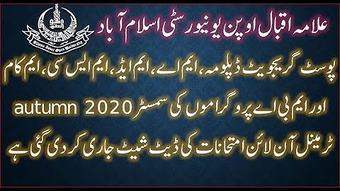 Date Sheet for Online Exams of PGD/MA/M.Sc/M.Com/MBA/MPA/M.Ed (ODL) Programs||AUTUMN 2020 || AIOU