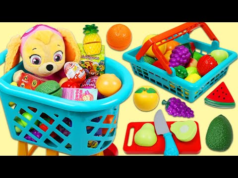 Learn Fruit Names with Paw Patrol Baby Skye | Grocery Shopping for Toy Velcro Cutting Fruit!