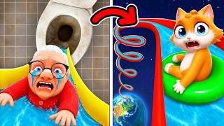 Cat & Granny Race on the $1 VS $1,000,000,000 Waterslide in GTA 5!