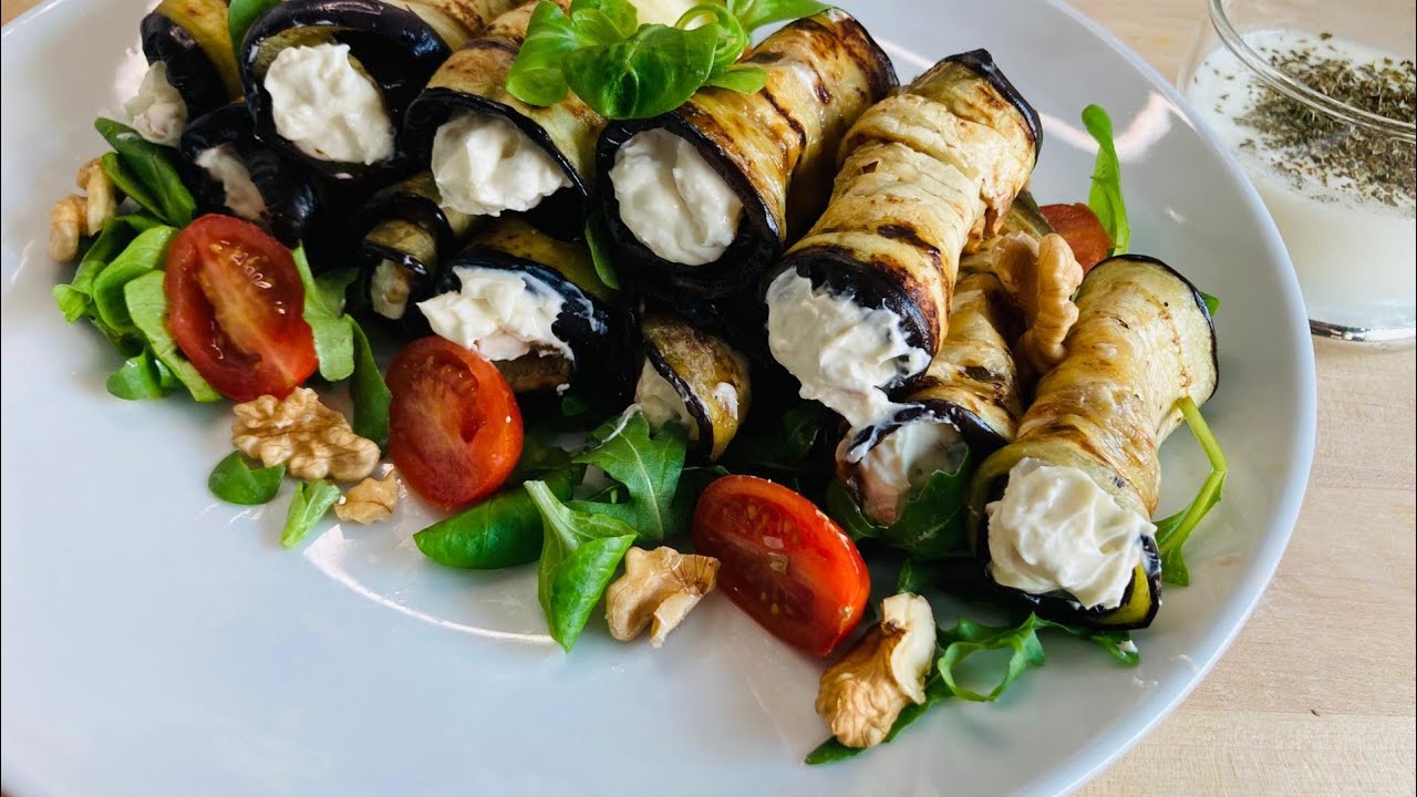 رولات الباذنجان بحشوة الجبنة 🍆أكله مميزة والطعم خرافي 😋 Salada de beringela de queijo fresco