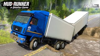 Spintires Mudrunner - Maz Truck With Trailer Trying To Drive Through Road Collapse