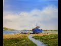 An acrylic painting of a boat on the beach.