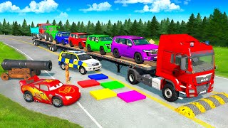 TRANSPORTING PIXAR CARS & FRUITS WITH COLORED & JOHN DEERE vs CLAAS vs TRACTORS - BeamNG.drive #962