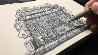 Futuristic Station café Drawn with Ink Pens in my sketchbook