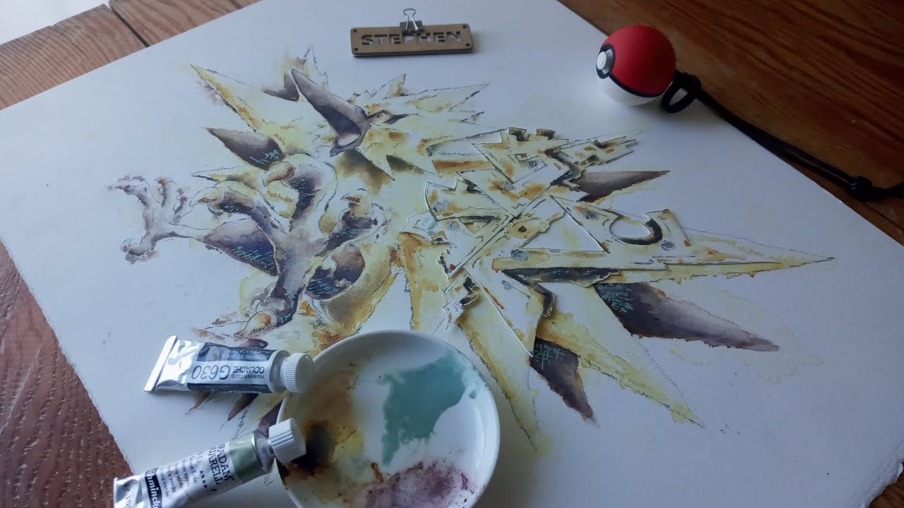 Creating visual texture:  Zapdos watercolor color texture study