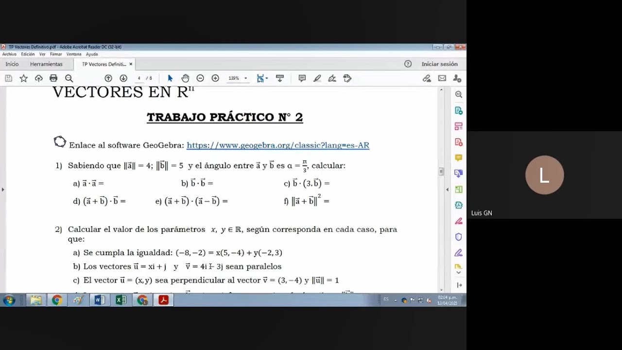 Algebra Y Geometria Analitica 21 13 04 Tp2 Vectores Youtube