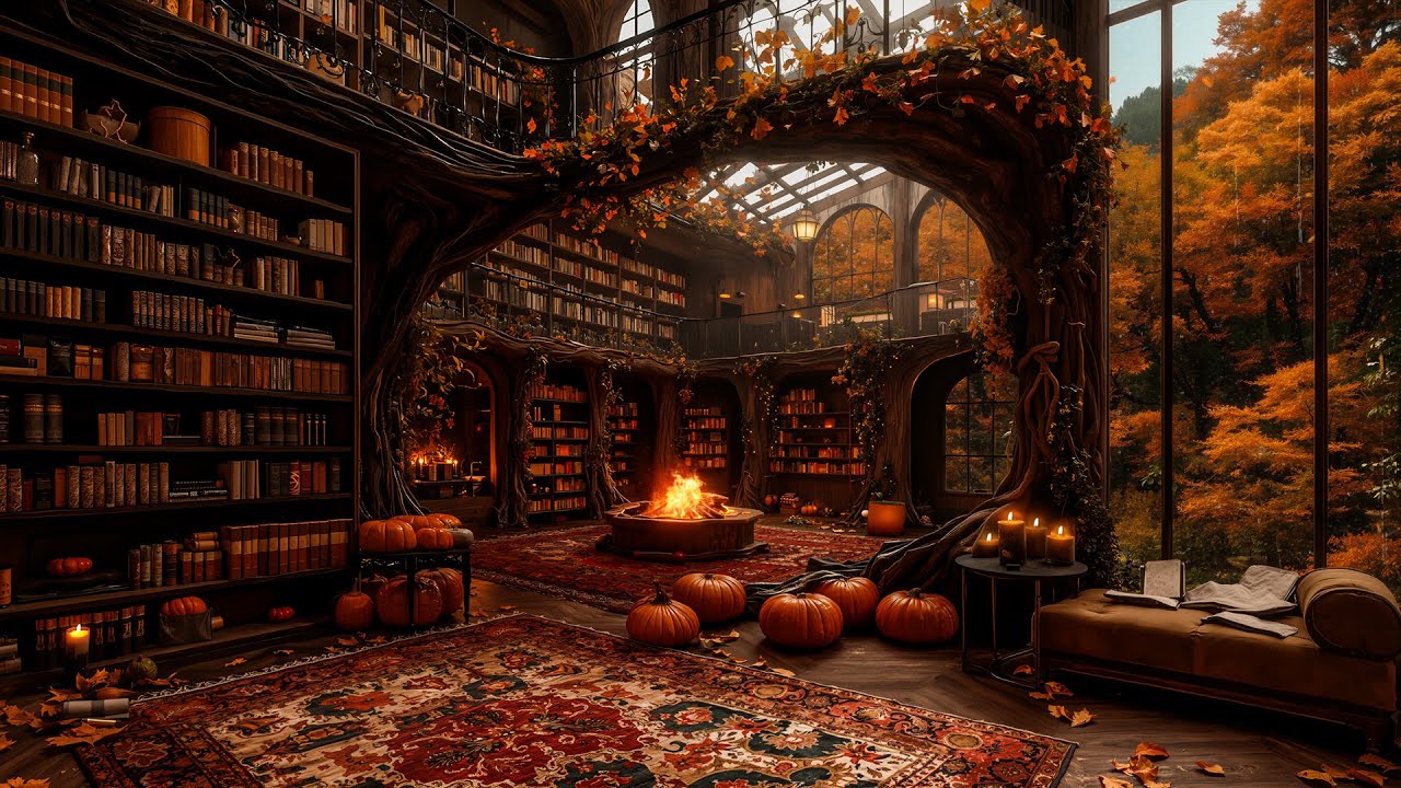 Enchanted Autumn Library Jazz Ambience 🍂 Fireplace Crackling with Rain Sounds for Good Mood