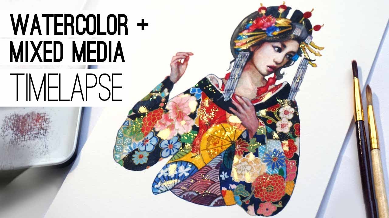 Watercolor & Mixed Media TIMELAPSE (no narration) // GEISHA + OIRAN INSPIRED