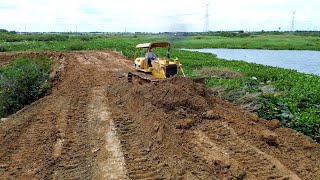 Best Powerful Bulldozer Operator Bogging Dirt Ground Filling Up Land Crossing Deep Water Lake