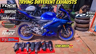 Trying different exhausts on Yamaha r15 v4| akrapovic,r9,yoshimura,toce,leo vince,mivv etc