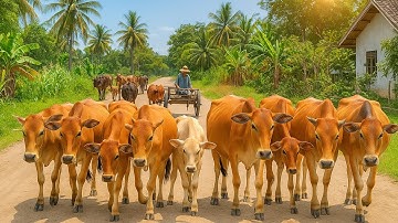 Aktivitas Sapi Lembu Kampung Berjalan menuju ladang, Suara Sapi Moo, Sapi Lucu Beramai di Jalan