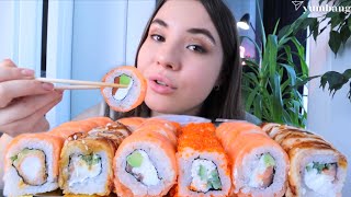 МУКБАНГ роллы ответы на вопросы о личной жизни и РПП сет суши с лососем Mukbang rolls with salmon