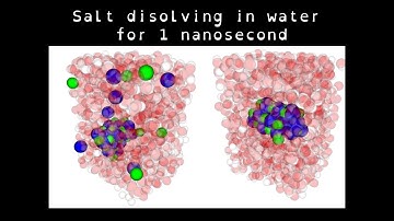 Simulated salt crystal partially dissolving in water over 1 nanosecond