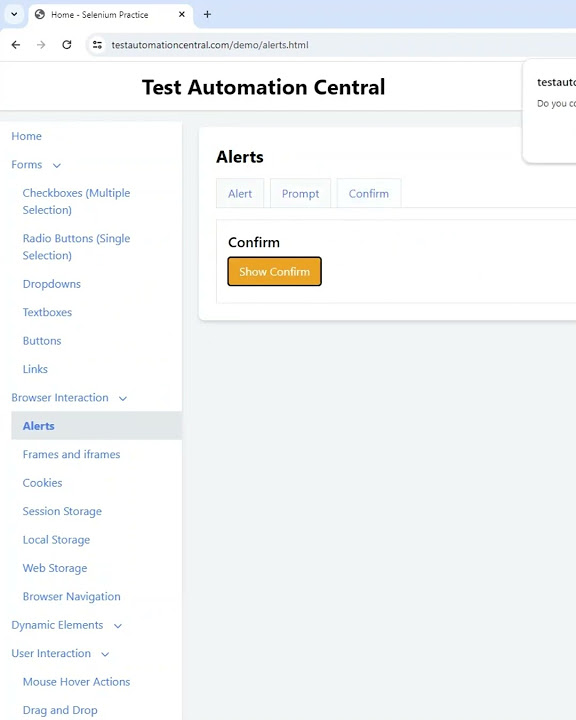 Test automation central selenium practice website https