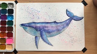 Рисунок синего кита акварелью | Watercolor blue whale drawing