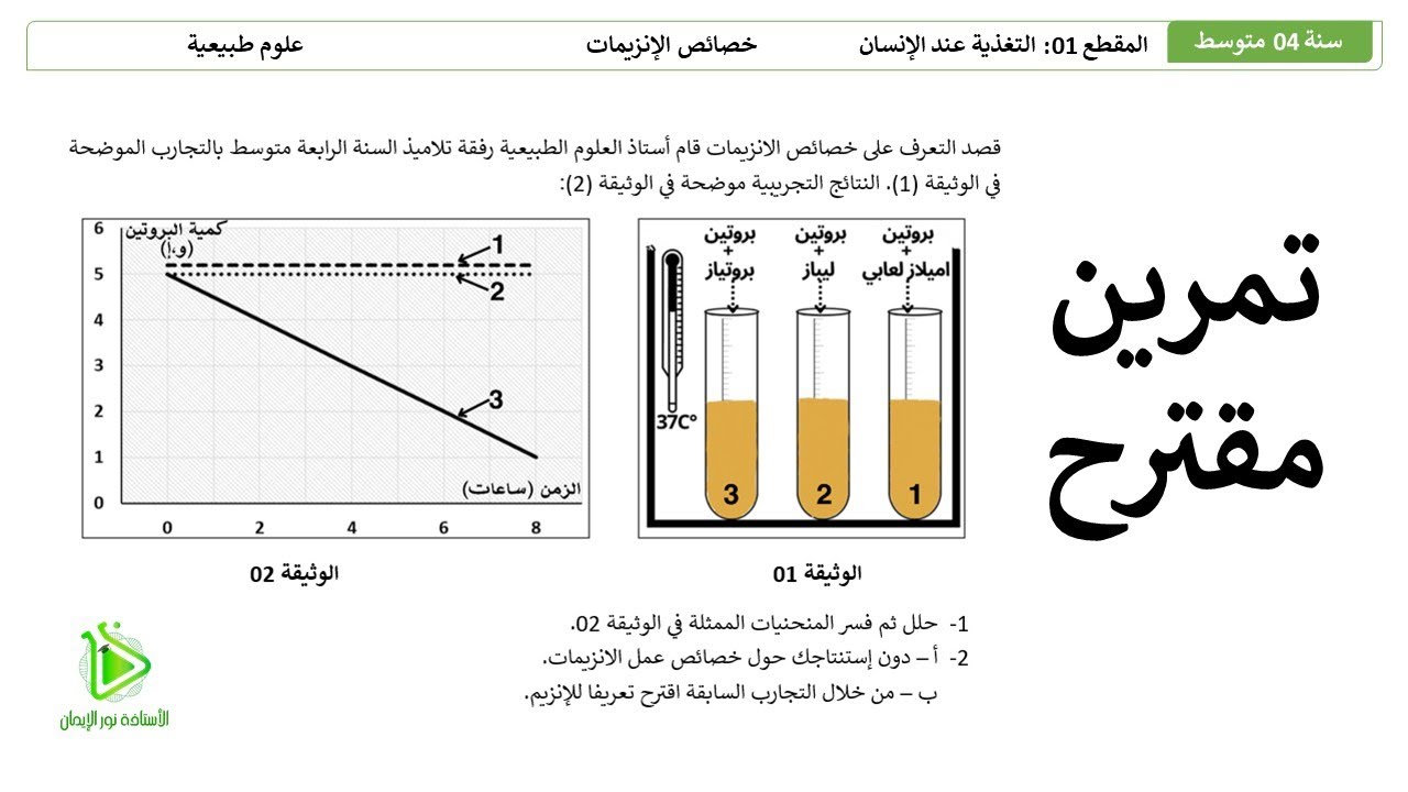 تمرين مقترح لشهادة التعليم المتوسط BEM - خصائص الإنزيمات ومفهوم الإنزيم - علوم طبيعية