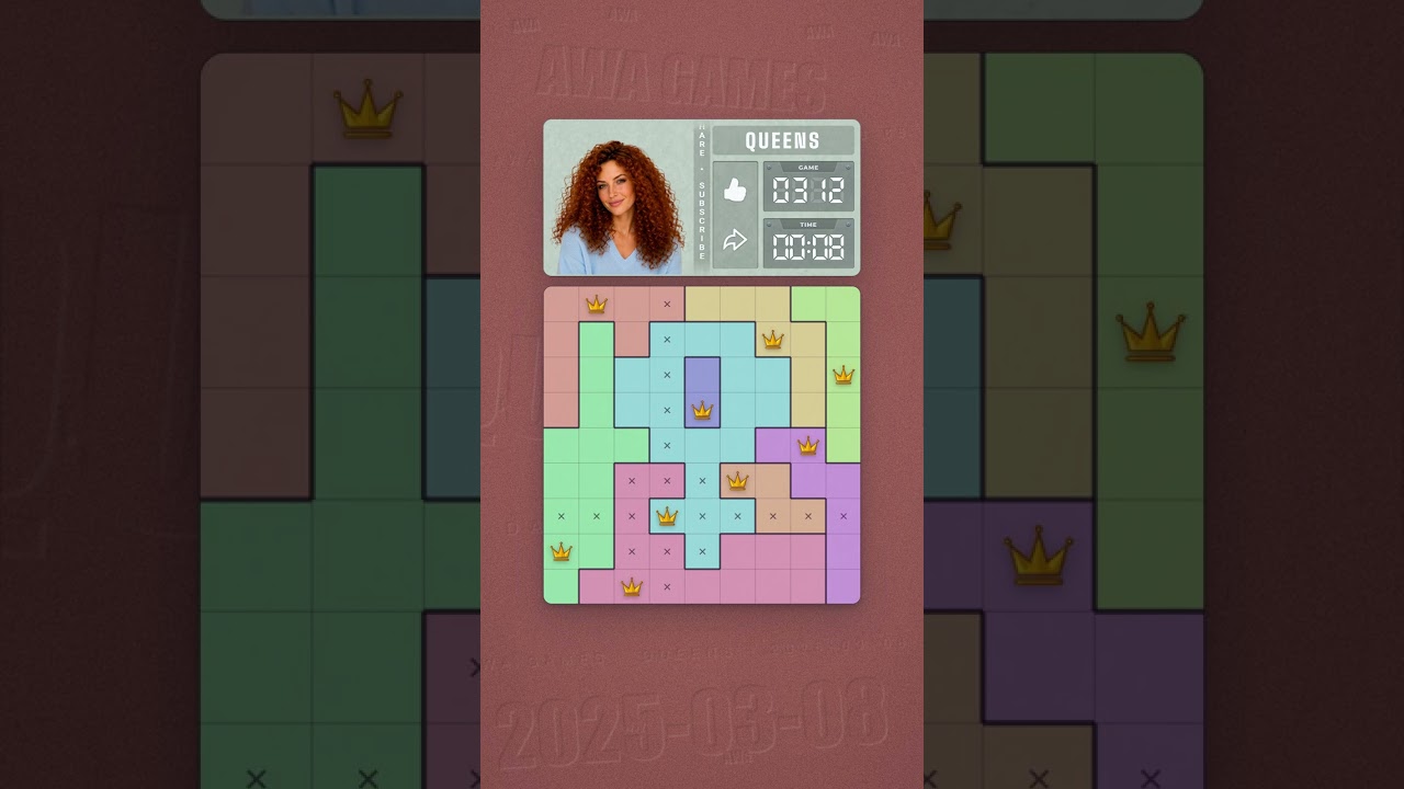 LinkedIn Queens #312 solved board for March 8, 2025, 9x9 grid