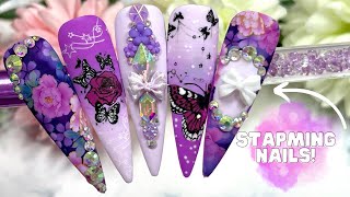 TRANSFER FOIL AND STAMPING FLORAL BUTTERFLY NAIL ART TUTORIAL| PURPLE NAILS| MADAM GLAM