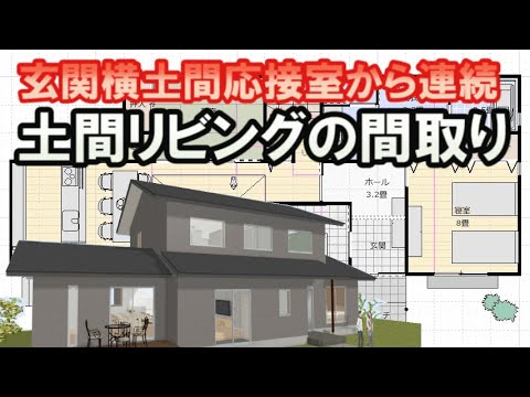 土間リビングのある間取り図　玄関から応接室さらにリビングへ通り抜ける平面計画　吹き抜けとフリースペースのある住宅プラン Clean and healthy Japanese house design