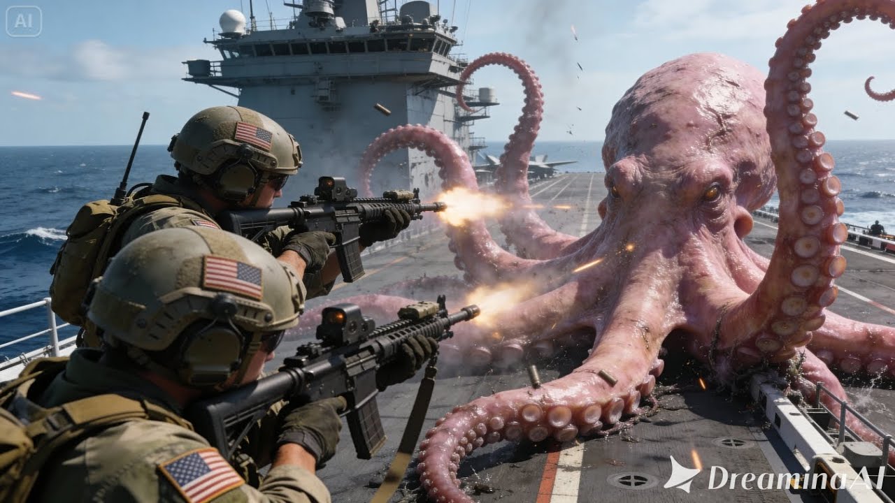 Giant Octopus vs Navy Carrier + Monster Wolf Attack – Epic Sea & City Battle (4K)”