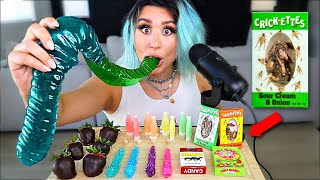 I Tried ASMR.. Eating REAL CRICKETS, GIANT GUMMY WARM, CRYSTAL CANDY CRUNCHY EATING SOUNDS