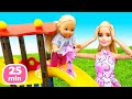 Evi tombe du toboggan histoires de barbie et de sa famille vido avec poupes pour filles